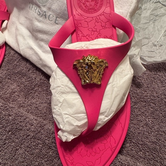 Versace Fuchsia Sandals with Gold Medusa Accent - Picture 3 of 6